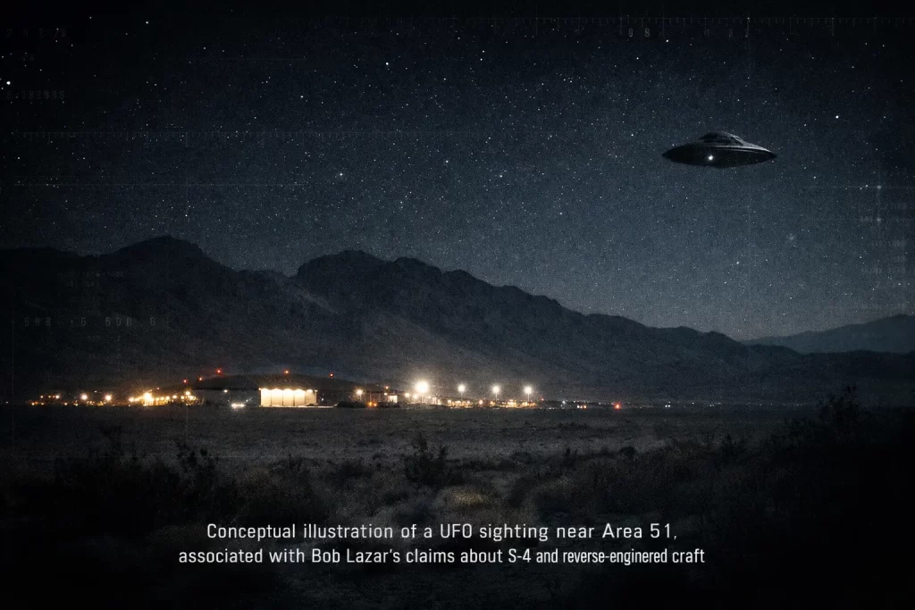 Conceptual illustration of a UFO sighting near Area 51, associated with Bob Lazar’s claims about S-4 and reverse-engineered craft