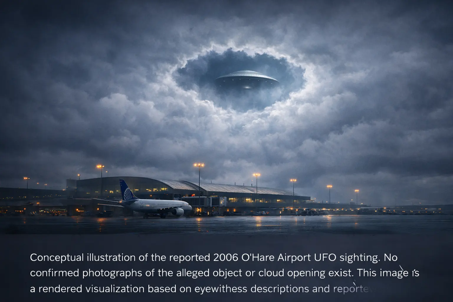 Conceptual illustration of the 2006 O’Hare International Airport UFO sighting showing a circular opening in clouds above an airport terminal