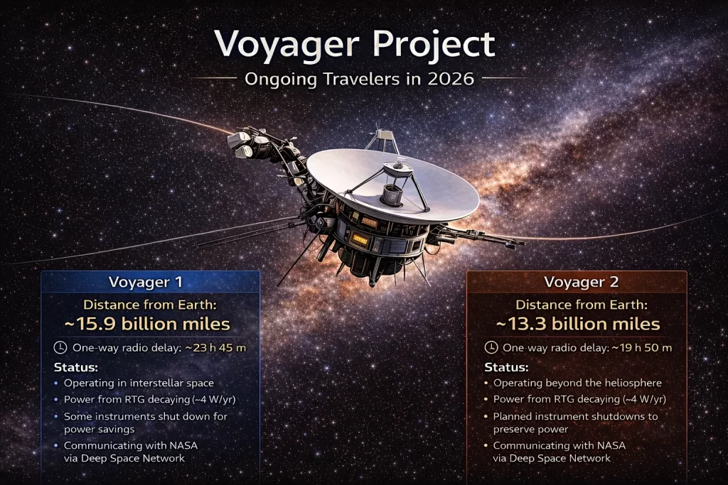NASA Voyager 1 and Voyager 2 spacecraft infographic showing distances, status, and mission highlights in interstellar space as of 2026.