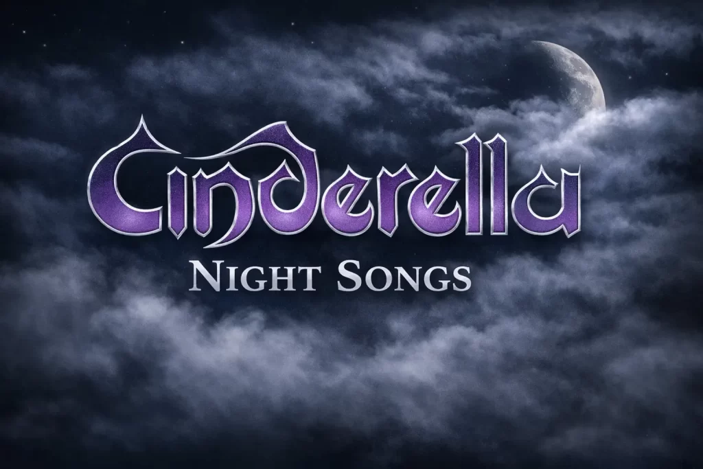 Stylized recreation of the Cinderella band logo with Night Songs text, set against a dark night sky with fog, clouds, and a half-moon in the background