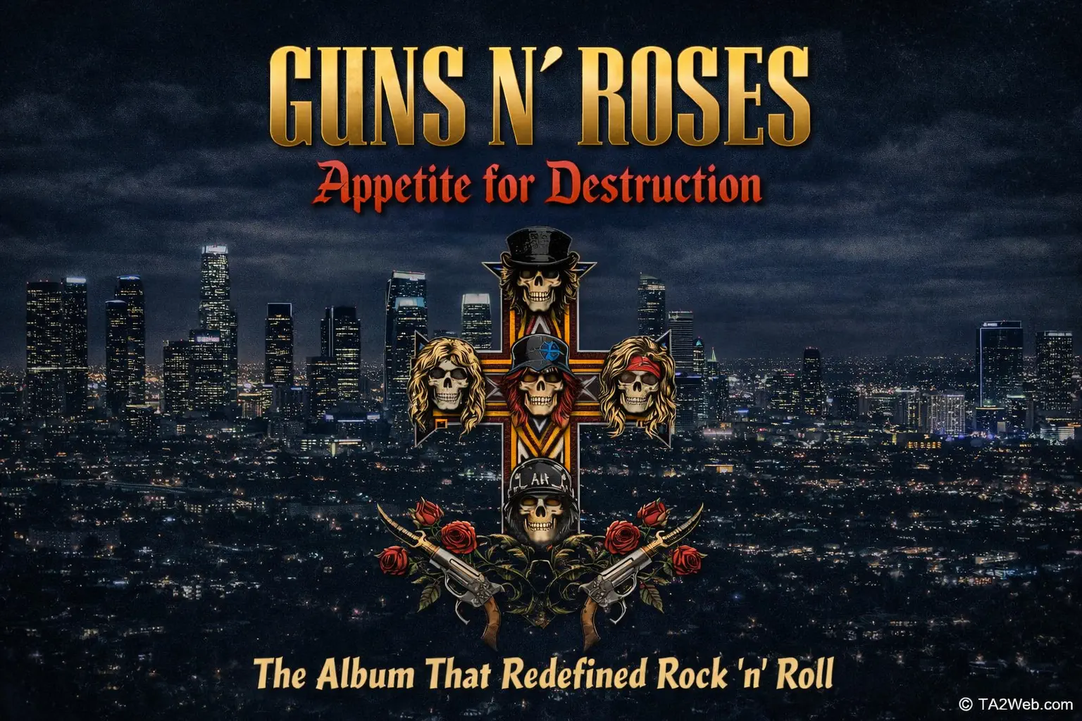 Guns N’ Roses Appetite for Destruction album tribute with vintage 1980s rock style and dark city lights in LA