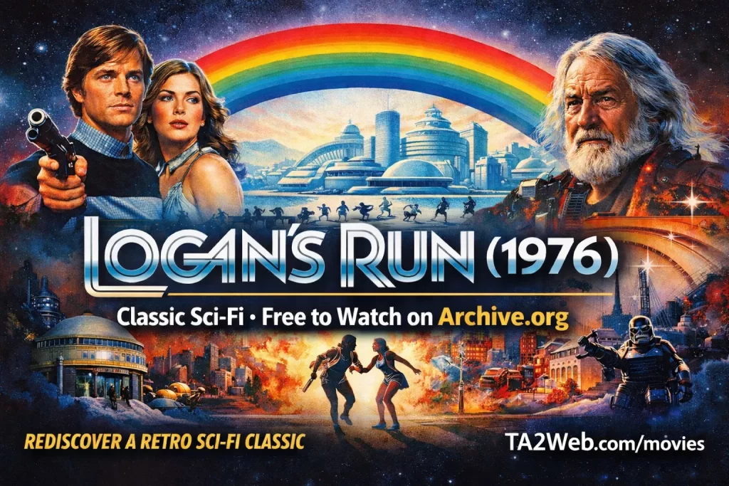 Social share banner for the classic sci-fi film Logan’s Run (1976). Features main characters Logan 5, Jessica 6, and the Old Man, set in a retro-futuristic domed city. Logan’s Run 1976 sci-fi movie poster style image featuring the domed city