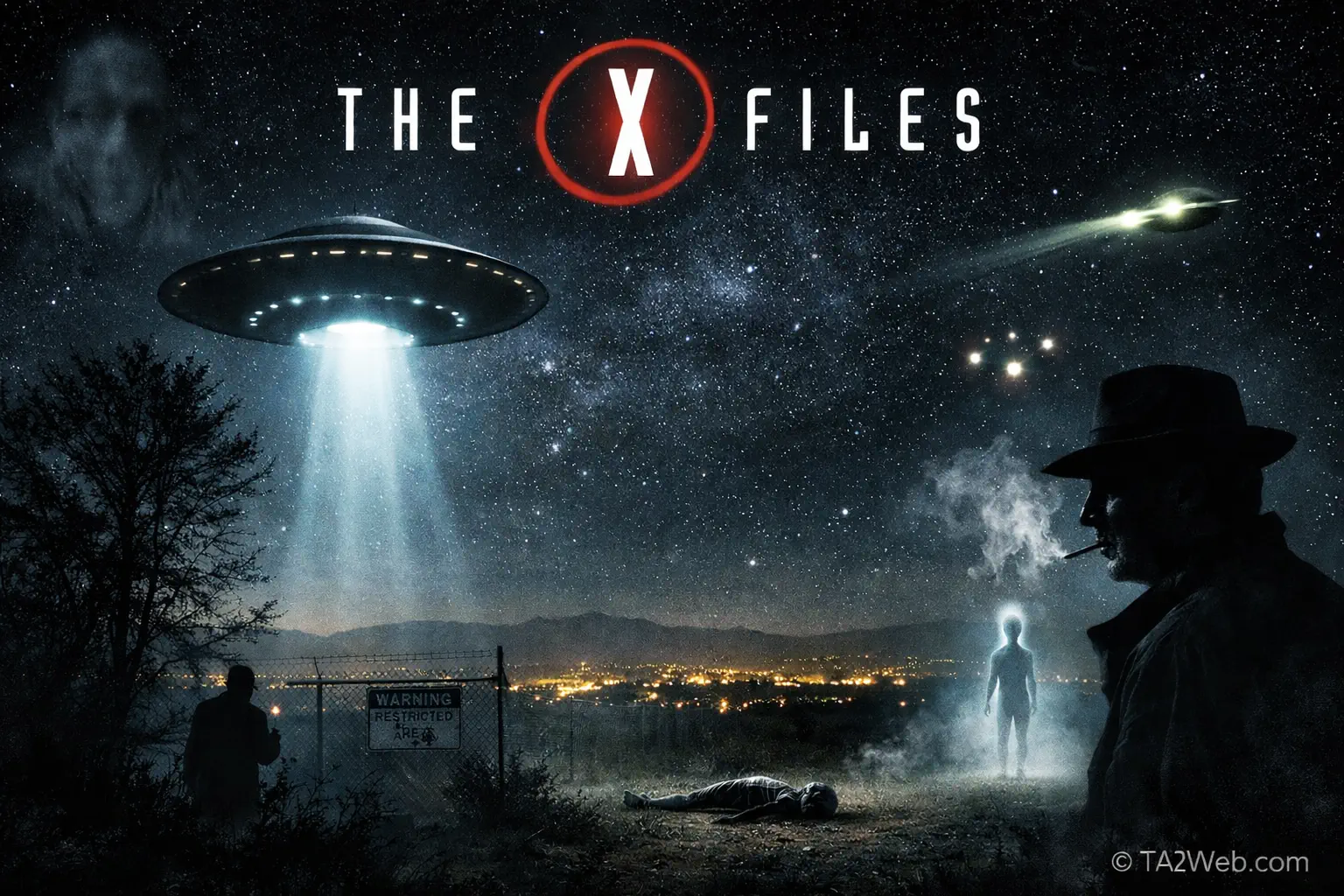 The X-Files 24/7 dedicated channel on Pluto TV — eerie starry night with UFO beam, city lights and show title.