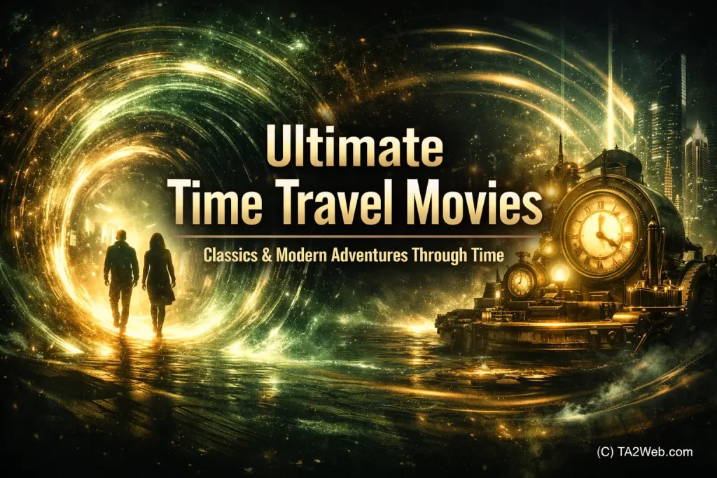 Two silhouettes walking into a glowing time portal, representing classic and modern time travel movies with a steampunk-meets-futuristic aesthetic