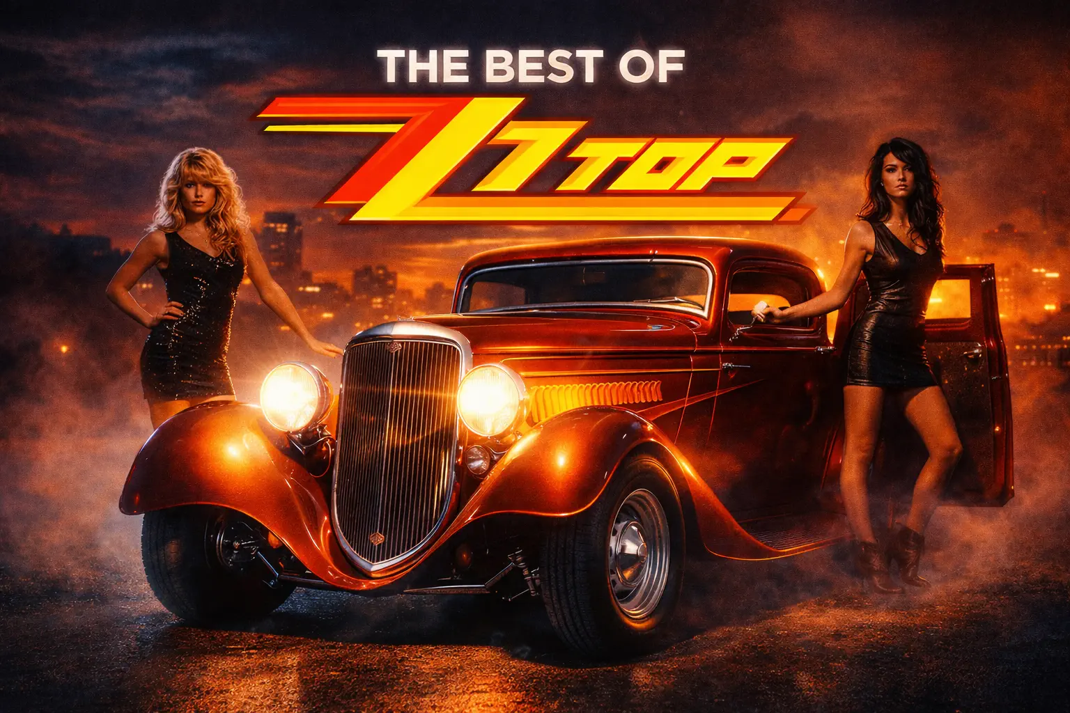 ZZ Top Eliminator car with two 1980s rock-style women and 'The Best of ZZ Top' logo, inspired by 1980s rock music videos
