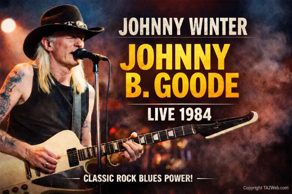 Johnny Winter performing “Johnny B. Goode” live in 1984 during a classic blues-rock concert