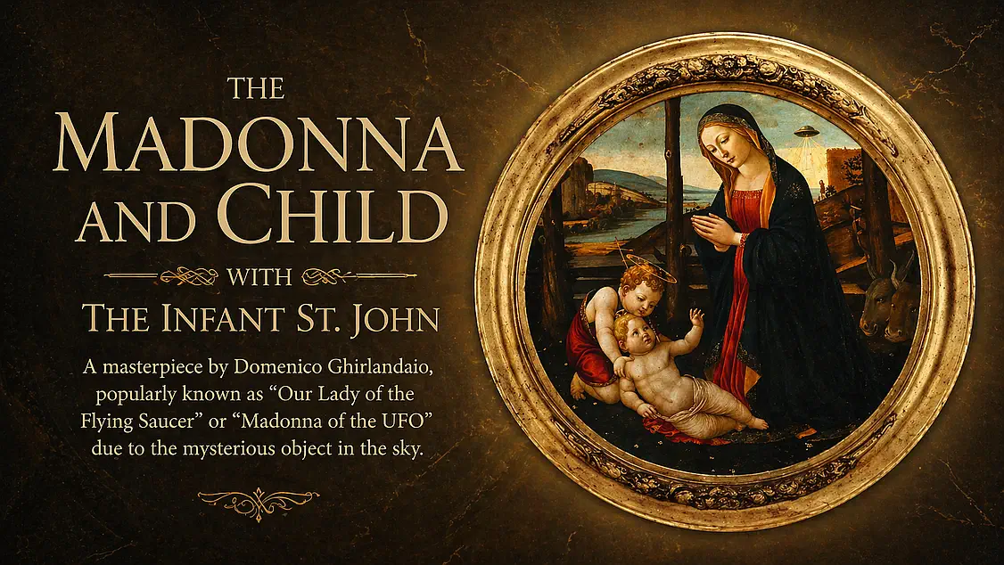 Renaissance painting Madonna and Child with the Infant St. John showing the Virgin Mary with two children while a mysterious UFO-like object appears in the sky emitting rays of light in the background.